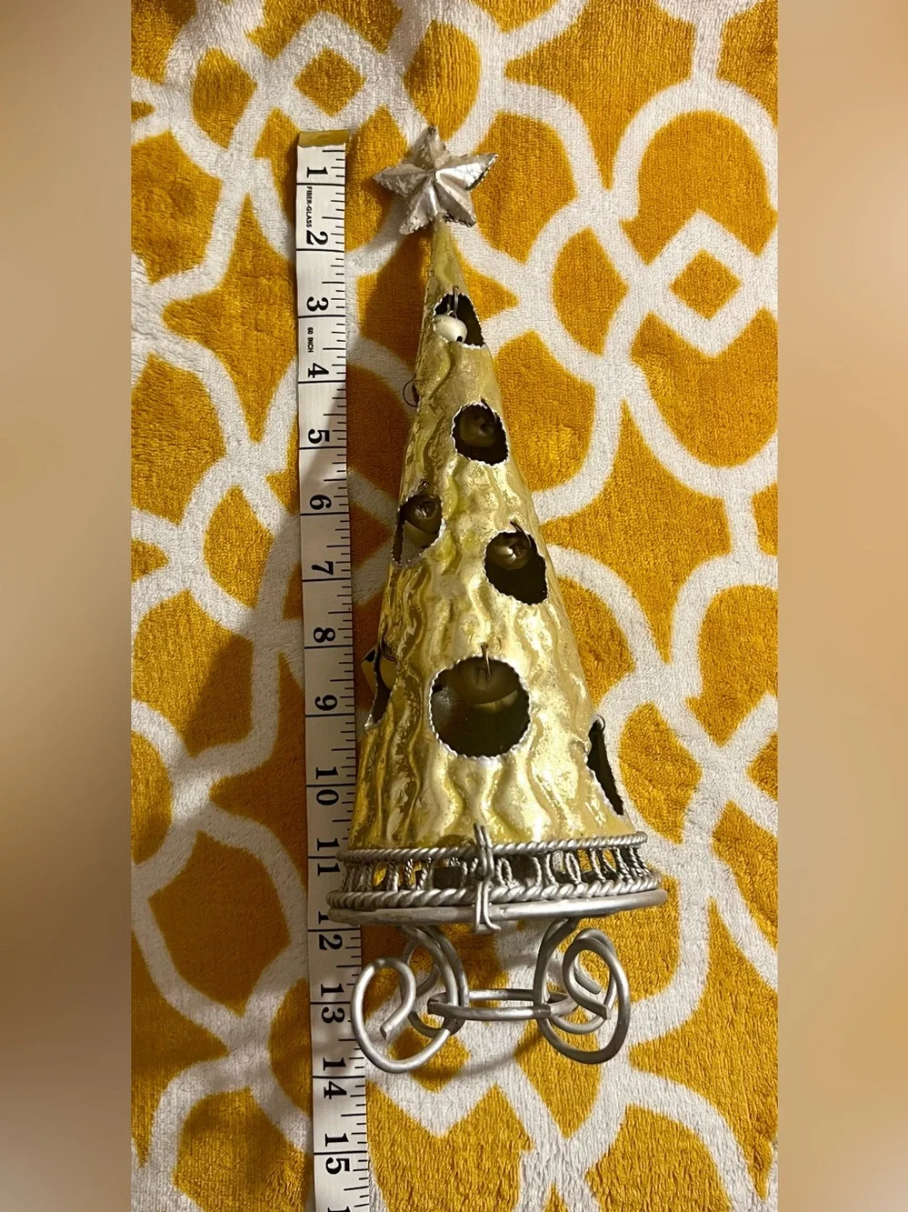 Gold Tone Metal Christmas Topiary Decorated Tree w/ Star Topper Stand 12in